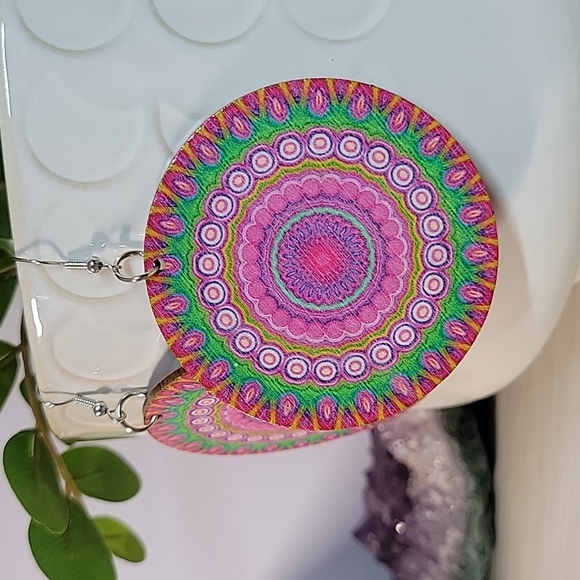 Oversized Mandala Wood Drop Earrings - Picture 2 of 5